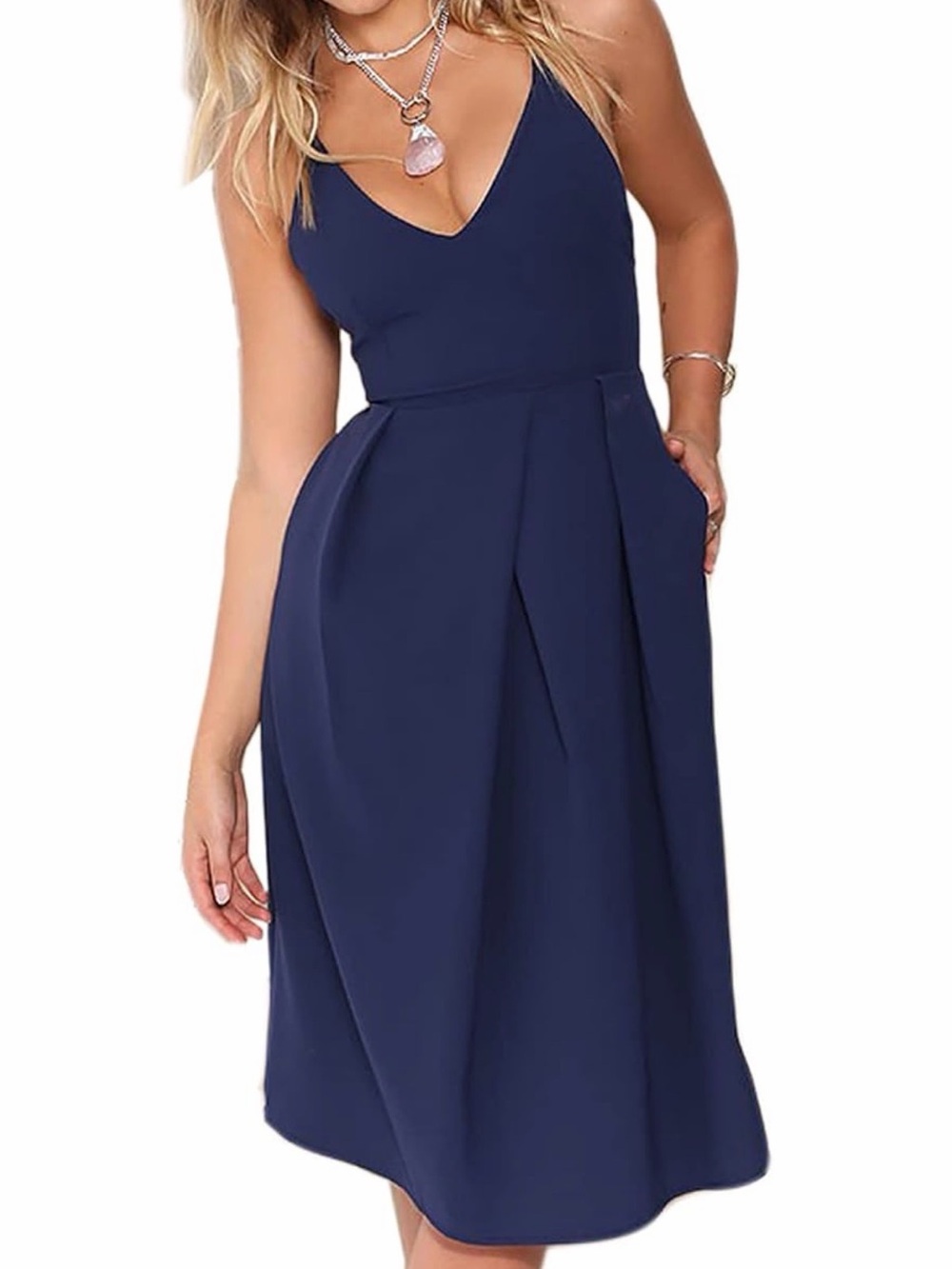 Sleeveless V-Neck Navy Midi Dress
